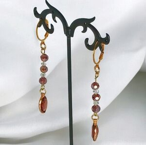 Purple Gem Linear Dangle Drop Earrings Gold Oval Hoops Modern Retro Glam Luxe